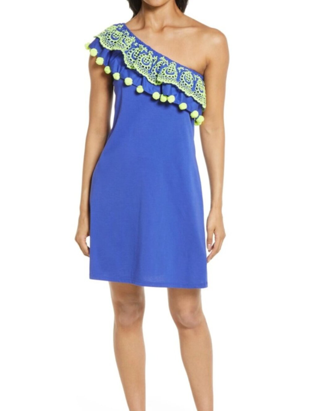 Lilly Pulitzer Idara One-Shoulder Ruffle Dress Corsica Blue Embroidered Pom S